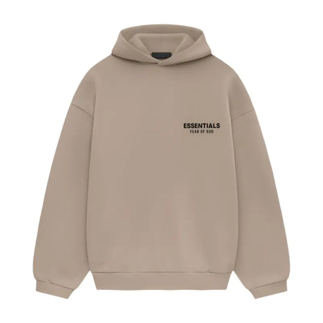 Beige Fear of God Essentials Fleece Hoodie with printed text on chest