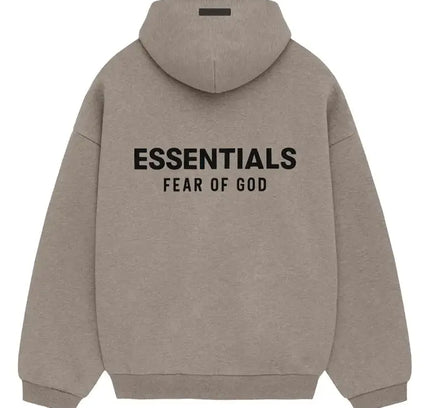 Taupe Essentials Fleece Hoodie featuring ESSENTIALS FEAR OF GOD text on the back