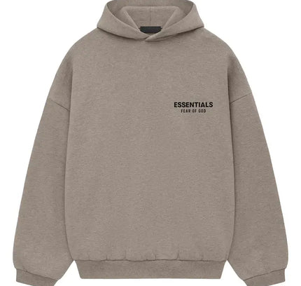 Taupe-colored Fear of God Essentials Fleece Hoodie with ESSENTIALS text on chest