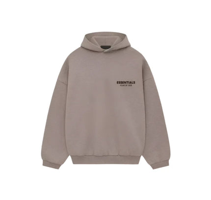 Taupe Fear of God Essentials Fleece Hoodie with ESSENTIALS text for stylish comfort