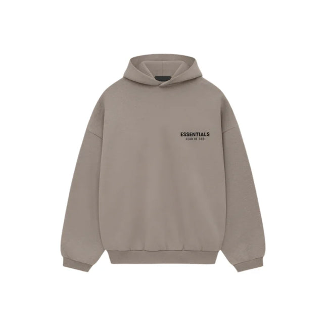 Taupe-colored Fear of God Essentials Fleece Hoodie with printed chest text