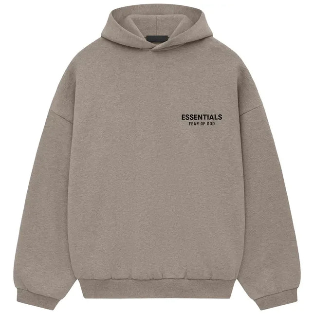 Taupe-colored Fear of God Essentials Fleece Hoodie with ESSENTIALS text on chest