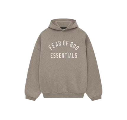 Taupe hoodie with FEAR OF GOD ESSENTIALS text, perfect for styling with Nike Dunks