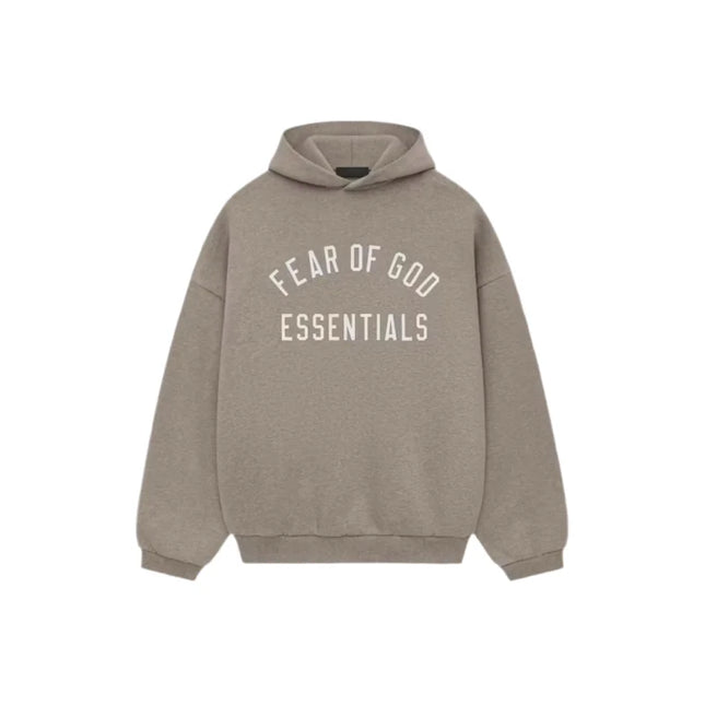 Taupe hoodie with FEAR OF GOD ESSENTIALS text, perfect for styling with Nike Dunks