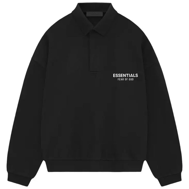 Black long-sleeved polo shirt from Fear of God Essentials Fleece collection