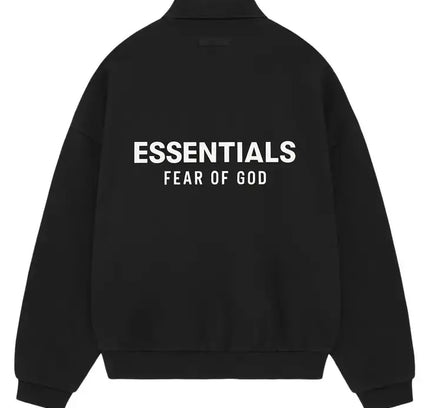 Black Fear of God Essentials jacket displayed with Essentials Fleece Polo FW24