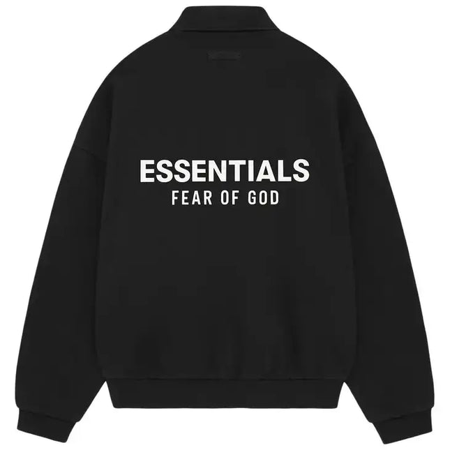 Black Fear of God Essentials jacket displayed with Essentials Fleece Polo FW24