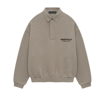 Taupe-colored Fear of God Essentials Fleece Polo sweatshirt with ESSENTIALS text