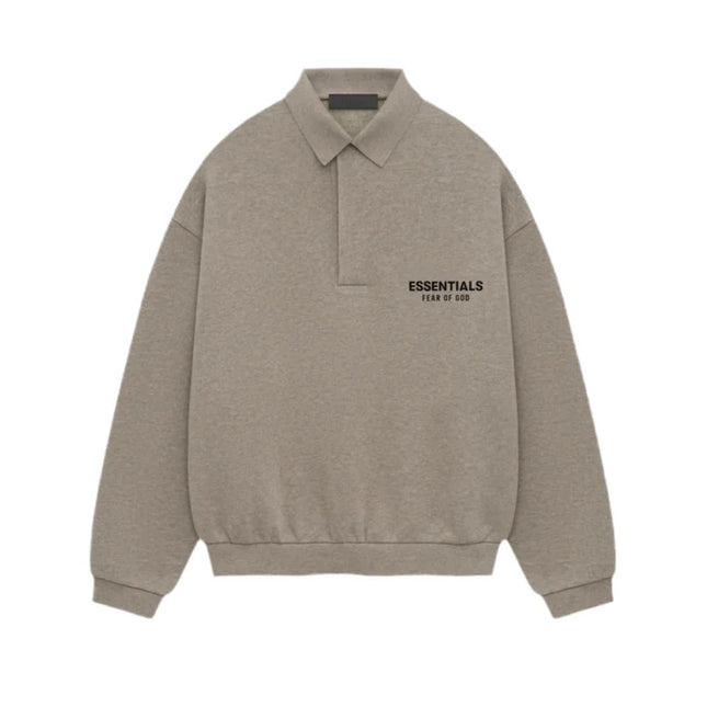 Taupe-colored Fear of God Essentials Fleece Polo sweatshirt with ESSENTIALS text