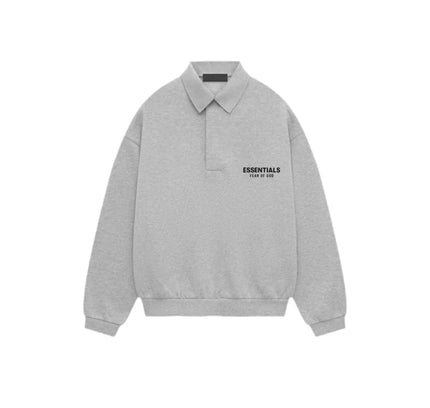 Grey collared sweatshirt with ESSENTIALS text, part of Fear of God Essentials collection