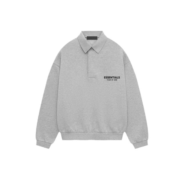 Grey collared sweatshirt with ESSENTIALS text, part of Fear of God Essentials collection