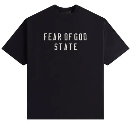 Black Fear of God Essentials Heavy Crewneck Tee with white text, size guide available