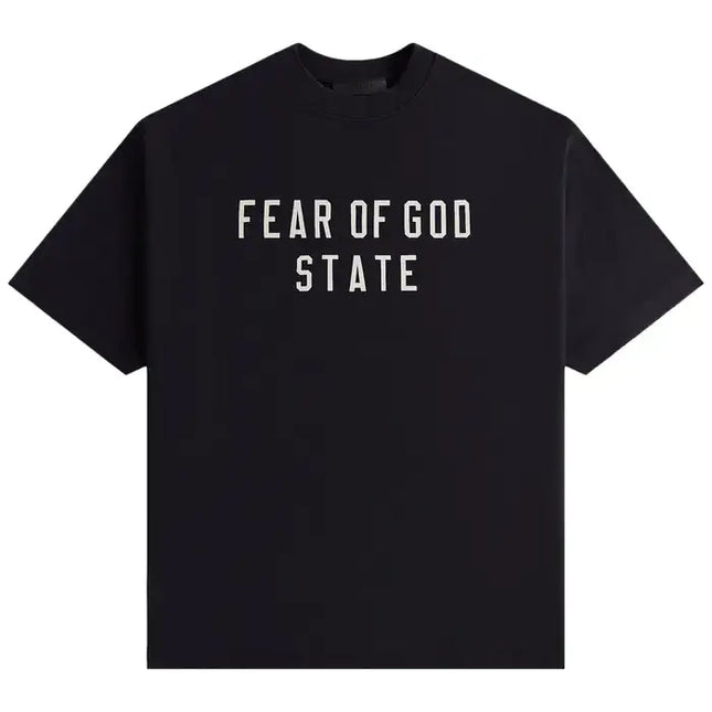 Black Fear of God Essentials Heavy Crewneck Tee with white text, size guide available