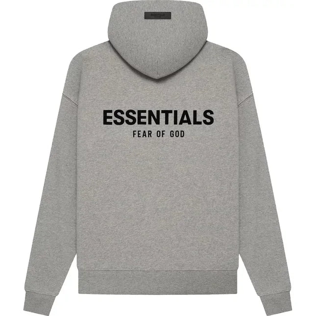 Grey God Essentials Hoodie featuring printed text on the back for stylish comfort