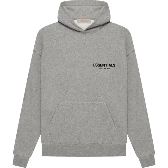 Grey God Essentials Hoodie featuring ’ESSENTIALS’ text on the chest for stylish comfort