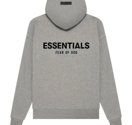 Grey God Essentials Hoodie featuring Essentials Fear of God text on the back