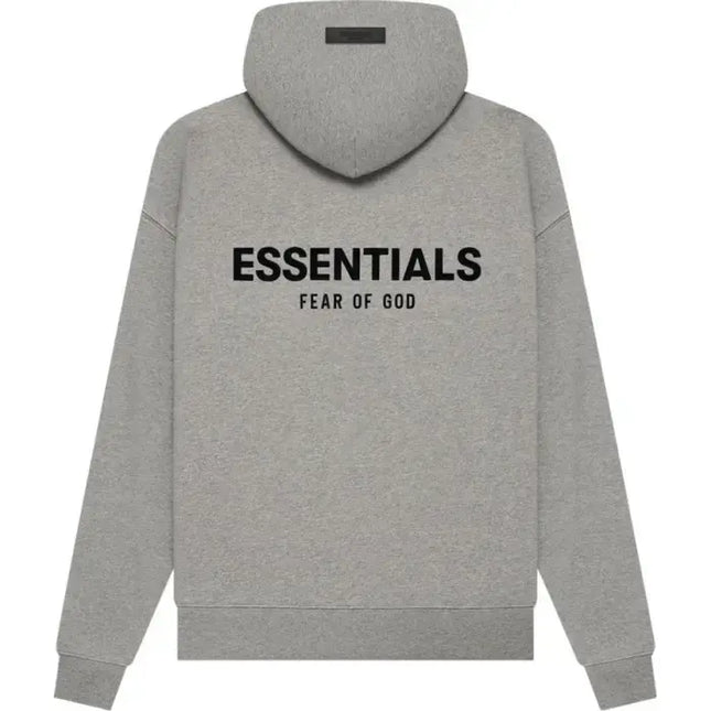 Grey God Essentials Hoodie featuring Essentials Fear of God text on the back