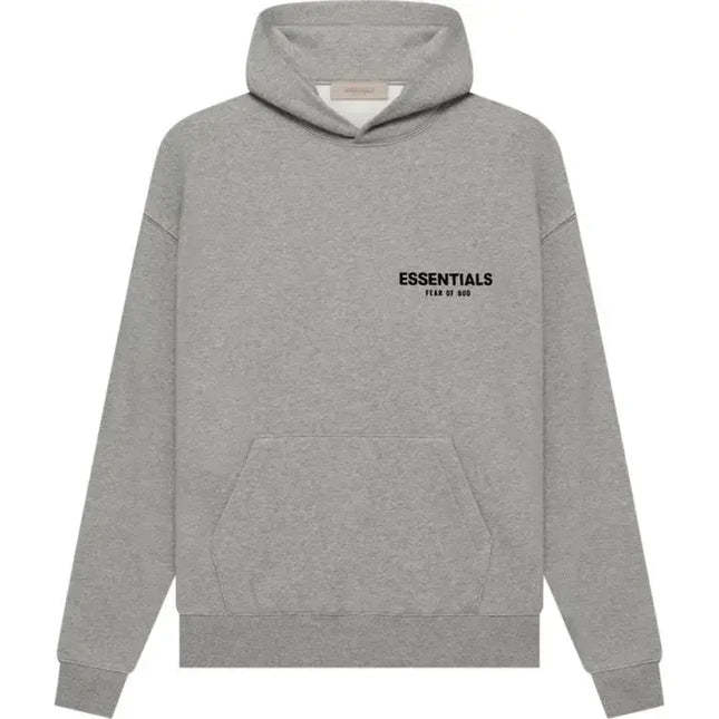 Gray Essentials Hoodie featuring printed text, part of the God Essentials collection