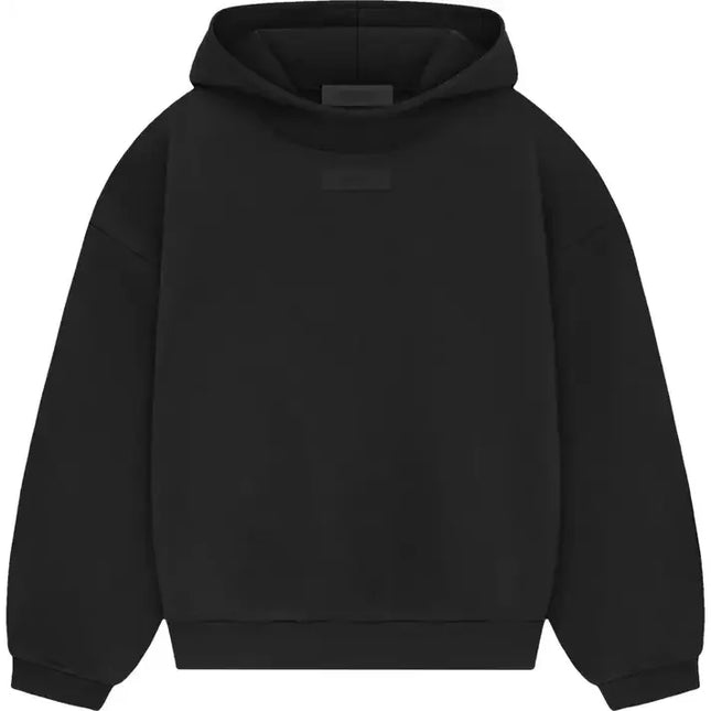 Black Fear of God Essentials Hoodie featuring a cropped silhouette and stylish design