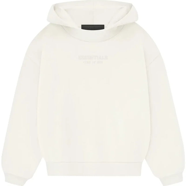 White long sleeve Fear of God Essentials Hoodie in core fleece with a cropped silhouette