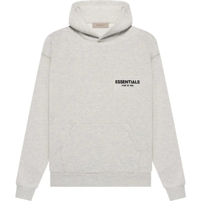 Light gray Fear of God Essentials Hoodie with ESSENTIALS text on chest, essentials hoodie FW22