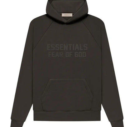 Dark brown Essentials Hoodie with embossed God Essentials text on the front