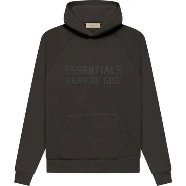 Dark brown Essentials Hoodie with embossed God Essentials text on the front