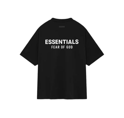 Black Fear of God Essentials Jersey Crewneck T-Shirt with white text design