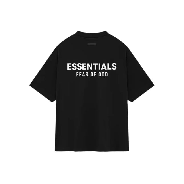 Black Fear of God Essentials Jersey Crewneck T-Shirt with white text design