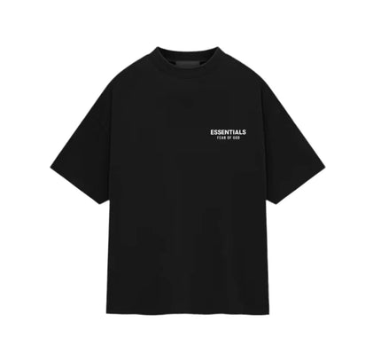 Black Fear of God Essentials Jersey Crewneck T-Shirt featuring printed essentials text