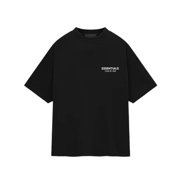 Black Fear of God Essentials Jersey Crewneck T-Shirt featuring printed essentials text