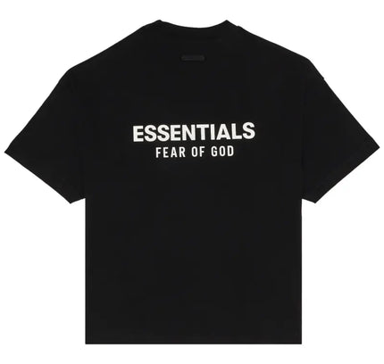 Black Fear of God Essentials Jersey Crewneck T-Shirt with white lettering design