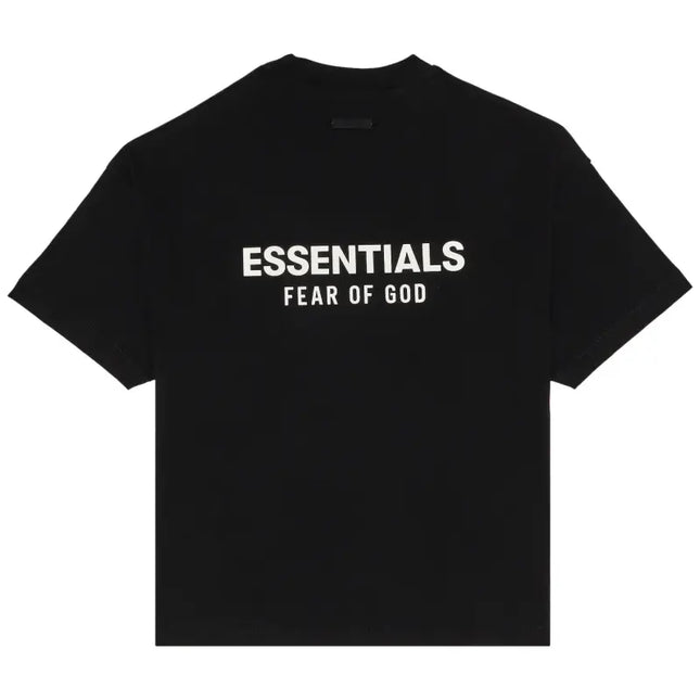 Black Fear of God Essentials Jersey Crewneck T-Shirt with white lettering design