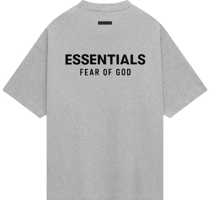 Gray Fear of God Essentials Jersey Crewneck T-Shirt with black lettering for stylish wear