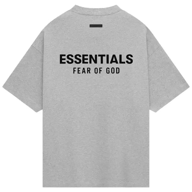 Gray Fear of God Essentials Jersey Crewneck T-Shirt with black lettering for stylish wear