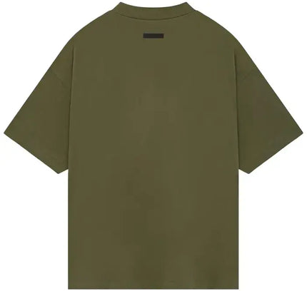 Olive green short-sleeved Fear of God Essentials Jersey Crewneck Tee with size guide