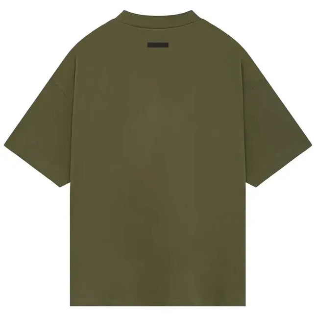 Olive green short-sleeved Fear of God Essentials Jersey Crewneck Tee with size guide