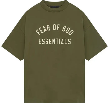 Olive green Fear of God Essentials Jersey Crewneck Tee, size guide recommended for fit