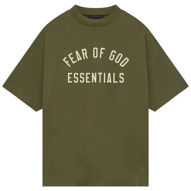 Olive green Fear of God Essentials Jersey Crewneck Tee, size guide recommended for fit