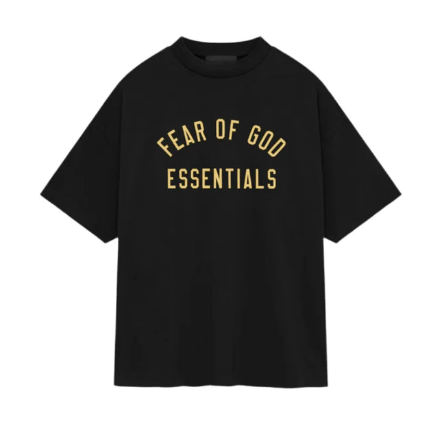 Black Fear of God Essentials Jersey Crewneck Tee with gold lettering for stylish outfits