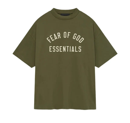 Olive green Fear of God Essentials Jersey Crewneck Tee with white text design