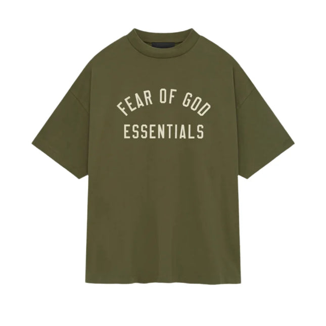 Olive green Fear of God Essentials Jersey Crewneck Tee with white text design