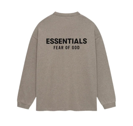 Taupe long sleeve shirt with ESSENTIALS FEAR OF GOD text for streetwear style