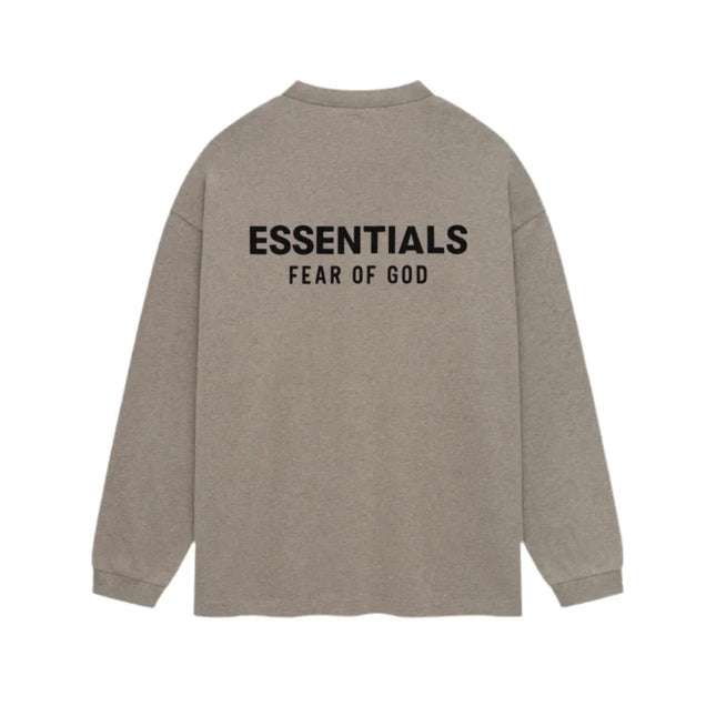 Taupe long sleeve shirt with ESSENTIALS FEAR OF GOD text for streetwear style