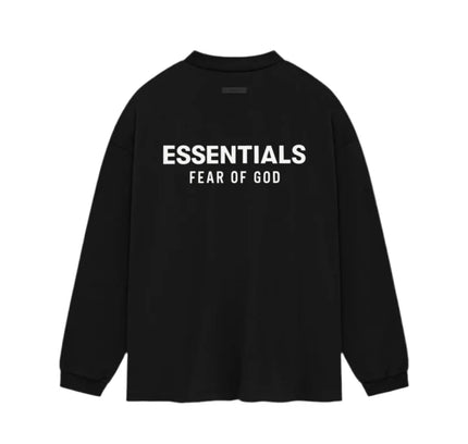 Black long-sleeve Fear of God Essentials Jersey T-Shirt with white logo design