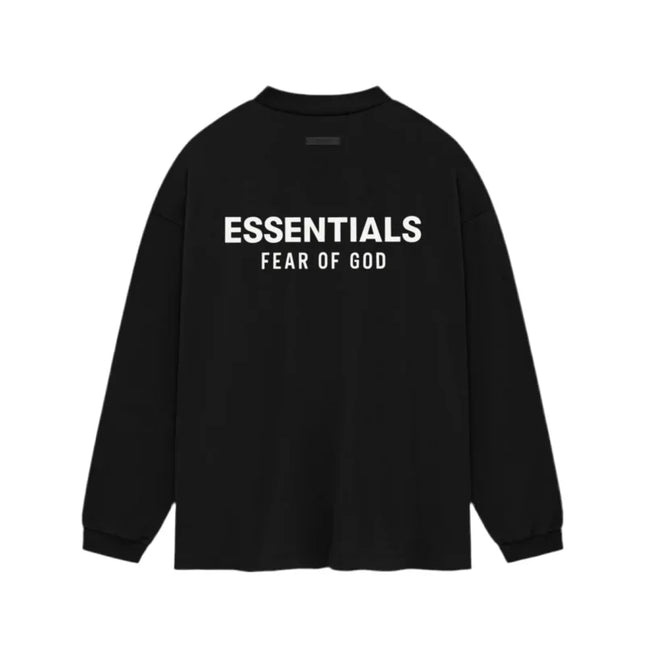 Black long-sleeve Fear of God Essentials Jersey T-Shirt with white logo design