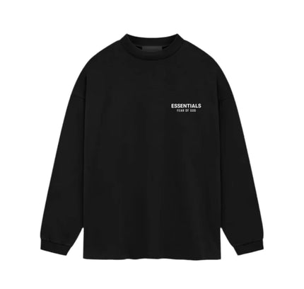 Black long-sleeve t-shirt with ESSENTIALS text, part of God Essentials collection