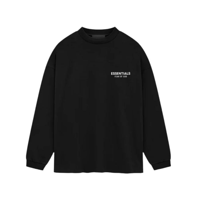 Black long-sleeve t-shirt with ESSENTIALS text, part of God Essentials collection