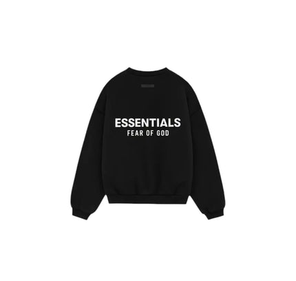 Black Fear of God Essentials Kids Fleece Crewneck featuring white printed text