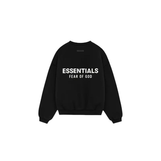 Black Fear of God Essentials Kids Fleece Crewneck featuring white printed text